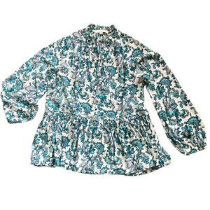 LOFT Sz M BOHO Relaxed Fit Floral Tie Neck Smocked Ruffle Waist Blouse 186E